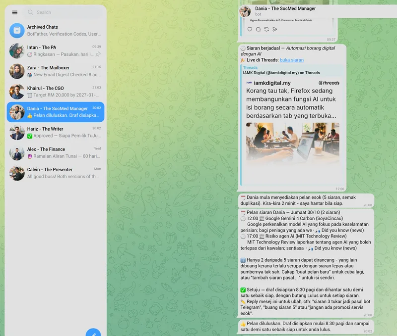 Telegram with IAMK Digital's bots, each with a role such as PA, Mailboxer, CGO, SocMed Manager, Writer, Finance and Presenter; the SocMed Manager bot shares a scheduled Threads post and tomorrow's posting plan for approval