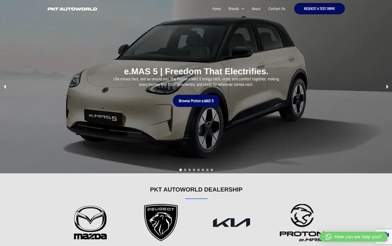 PKT Autoworld dealership website showing a Proton e.MAS 5 hero slide and the Mazda, Peugeot, Kia and Proton brand logos