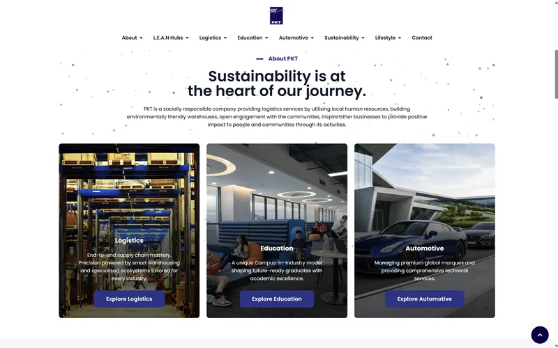 PKT Logistics Group website section reading Sustainability is at the heart of our journey, with cards for Logistics, Education and Automotive