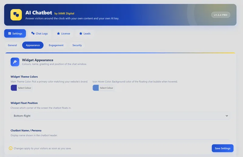 AI Chatbot by IAMK Digital settings screen in WordPress, on the Appearance tab